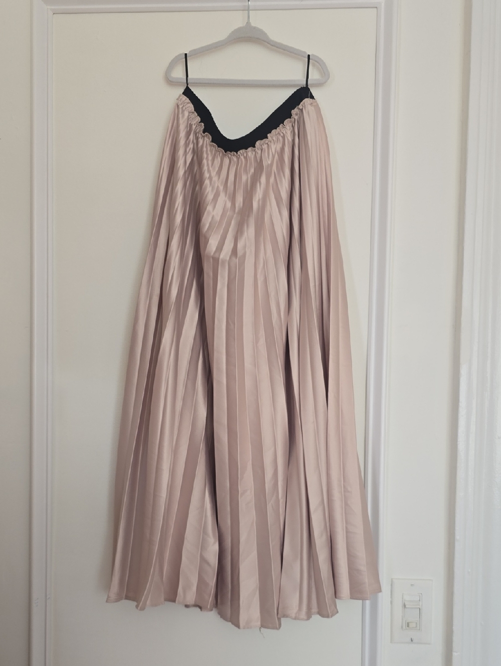 Zara Pleated Maxi Skirt in Blush with Black Waist Trim
